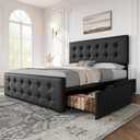 IDEALHOUSE Queen Size Bed Frame with 4 Storage Drawers and Headboard, Faux Leather Upholstered Platform Bed Frame with Wooden Slats Support, Button Tufted Design, No Box Spring Needed, Black