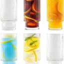 Ribbed Glassware Vintage Drinking Glasses with Straws Set of 6,Clear Fluted Ripple Glass Cups 12oz,Ribbed Iced Coffee Cups for Cocktail, Whiskey, Beer, Juice, Water