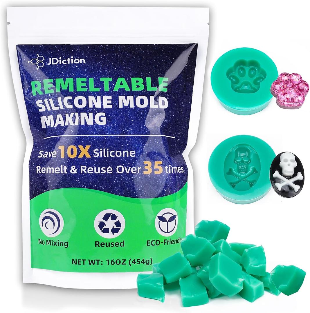JDiction Remeltable Silicone Mold Making Kit, 35X Reusable Silicone for Mold Making, No Mix, NonToxic, Odorless Silicone Rubber for Resin, Epoxy, Picky Pad, Plaster, Soap, Candle, Small Crafts16oz