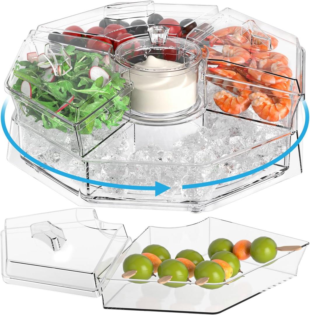 Rotating Chilled Serving Tray - 12.5" Ice Chilled Party Platter with 5 Removable Compartment and Lid, Clear Shrimp Cocktail Serving Dish with Ice Tray, Fruit Trays for Serving for Party Rotating Chilled Serving Tray - 12.5" Ice Chilled Party Platter with 5 Removable Compartment and Lid, Clear Shrimp Cocktail Serving Dish with Ice Tray, Fruit Trays for Serving for Party