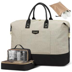 LOVEVOOK Travel Bags for Women, Weekender Bags for Women with 2 Cubes, Personal Item Travel Bag with Shoes Bag, Carry on Overnight Bag, Hospital Bags for Labor and Delivery, 4 Pcs Set, Khaki/Black