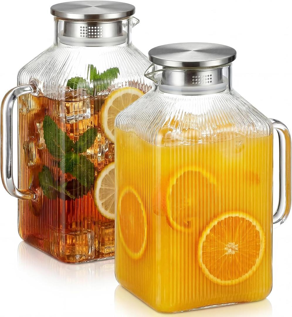 2-Pack 1 Gallon Glass Pitcher with Lid & Spout, Borosilicate Carafe for Hot/Cold Drinks, Large Iced Tea Water Jug with Handle, Fridge Safe & Dishwasher Safe