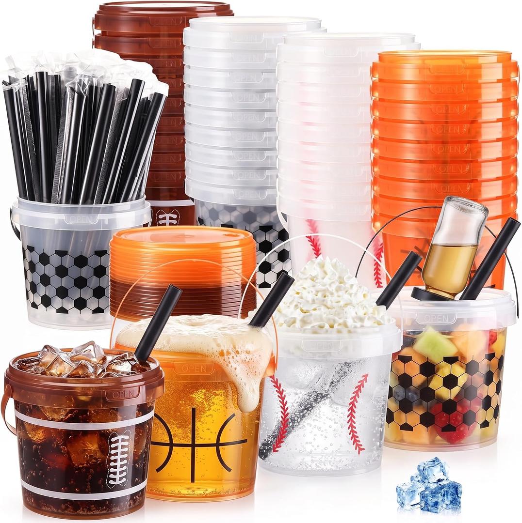 36 Pack 25oz Sports Cups, Mixed Balls Drink Buckets Straws Lids