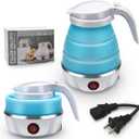 Travel Kettle Electric Small Foldable Portable Kettle,Silicone Collapsible Heating Water Boiler Tea Pot for Camping,Easy for Storage with Separable Power Cord (Blue pro)