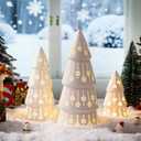 3 Pcs White Ceramic Christmas Trees with Lights, Table Top Christmas Decoration with Dots Cutouts Battery Operated Xmas Trees Set, White Tabletop Centerpiece for Home Indoor Xmas Gift Party(Classic)