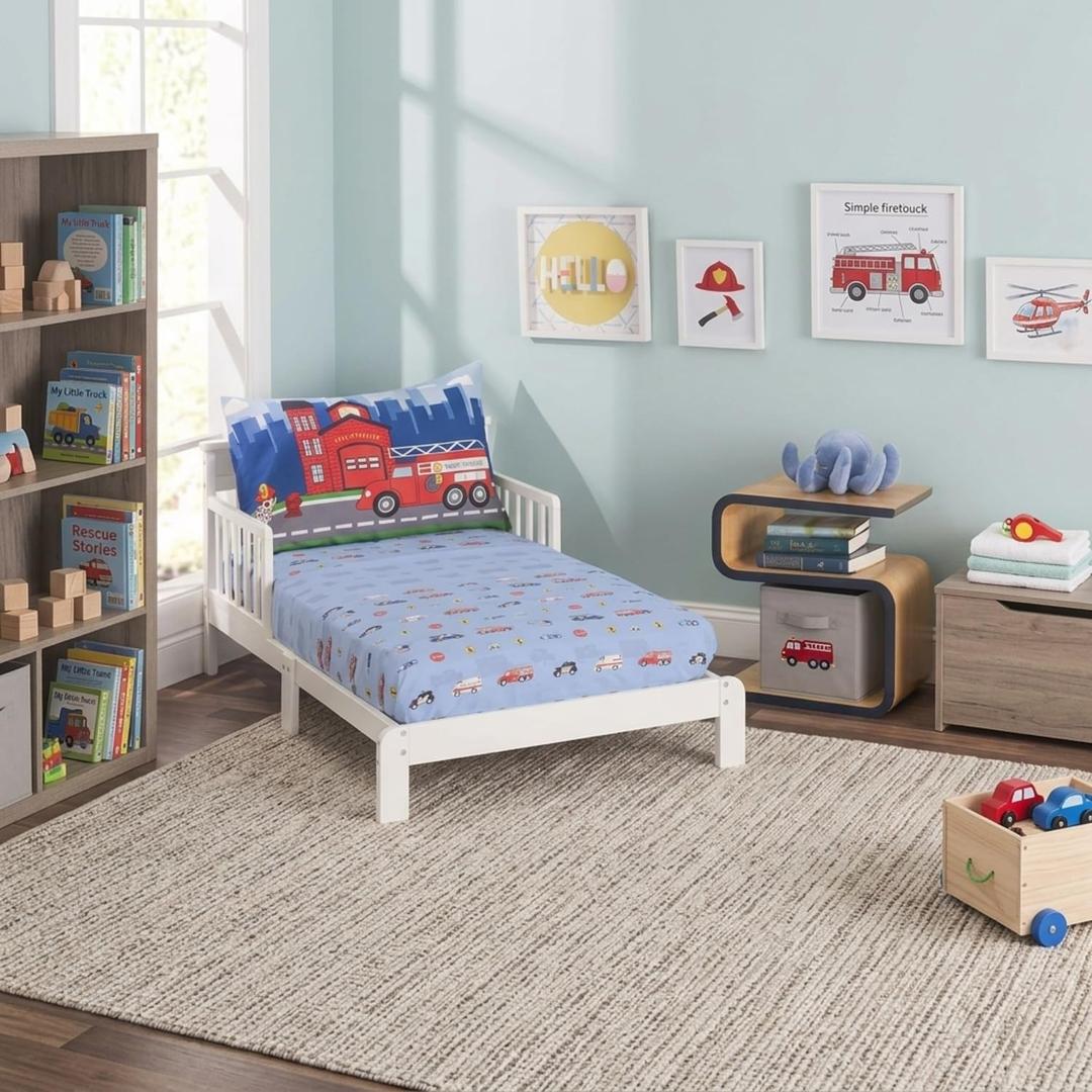 EVERYDAY KIDS 3-Piece Toddler Fitted Sheet, Flat Sheet and Pillowcase Set - Police, Fire and Rescue - Soft Breathable Microfiber Boys Toddler Bed Sheets Set