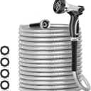 50ft 304 Stainless Steel Garden Hose Metal, Heavy Duty Water Pipe with Nozzles for Yard, Outdoor - Flexible, Never Kink & Tangle, Puncture Resistant (Sliver)