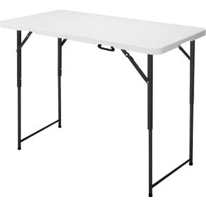 4ft Folding Table, Portable Fold-in-Half Adjustable Height Utility Table for Indoor/Outdoor Use, Durable HDPE & Steel, Stable & Lightweight, Multi-Purpose, White