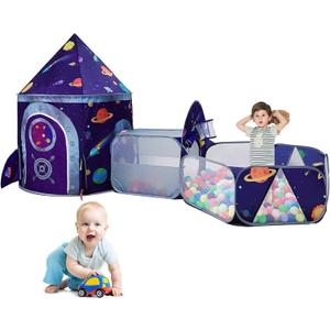 3pc Space Ship Kids Play Tent, Crawl Tunnel, Ball Pit for Toddlers, Indoor Outdoor Playhouse Castle Toys, Baby Boys Girls for 3 4 5 6 7 Years Old (Balls Not Included)