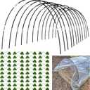 Greenhouse Hoops Grow Tunnel 60 Pcs 16 Inch Up to 12 Sets of 7ft Long Plastic-Coated Rust-Proof Fiberglass Garden Hoops for Raised Beds with 50 Pcs Metal Connect Pipes and 40 Clamps