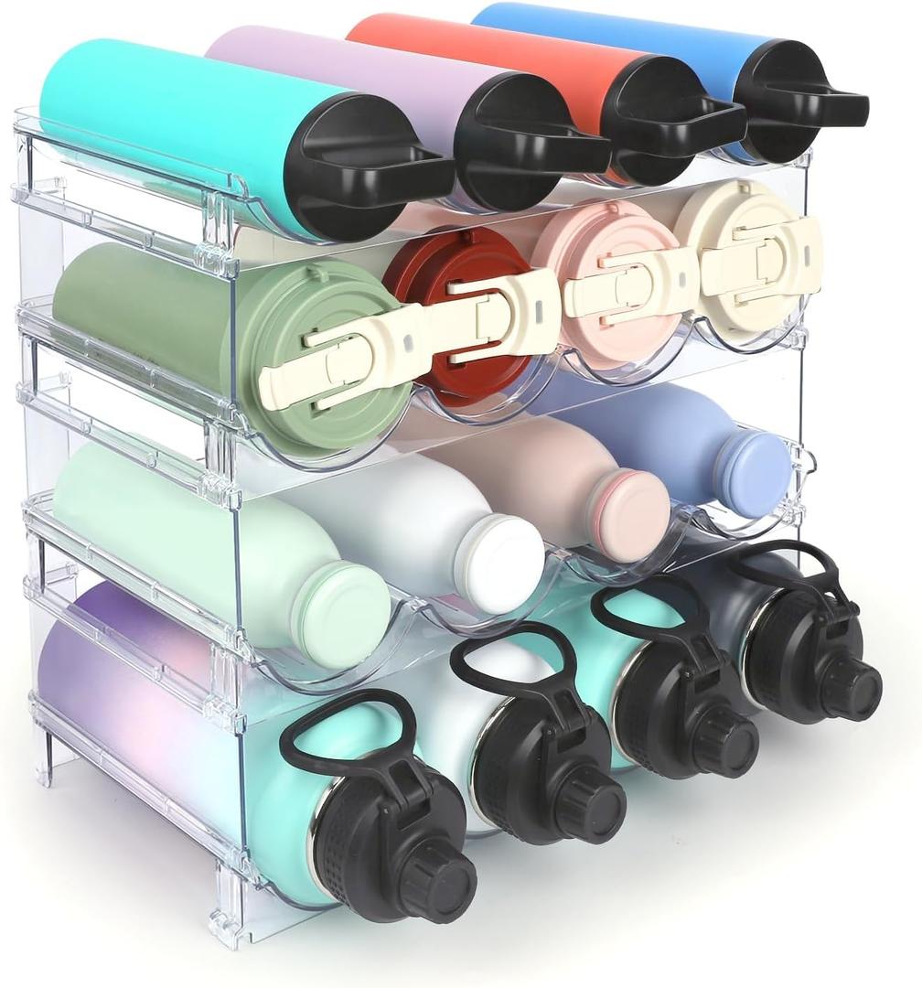 Water Bottle Organizer - 4 Pack Clear Stackable Bottle Storage Rack and Wine Rack for Stanley Yeti Bottle and Other Tumbler Organizer for Kitchen Cabinets, 4 Tier Hold 16