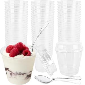 Drayear 100 Pcs 6 oz Plastic Dessert Cups with Lids and Spoons Mini Mousse Cups Round Shooter Cups for Birthday Weddings Party Family Gathering Ice Cream Fruit Dessert