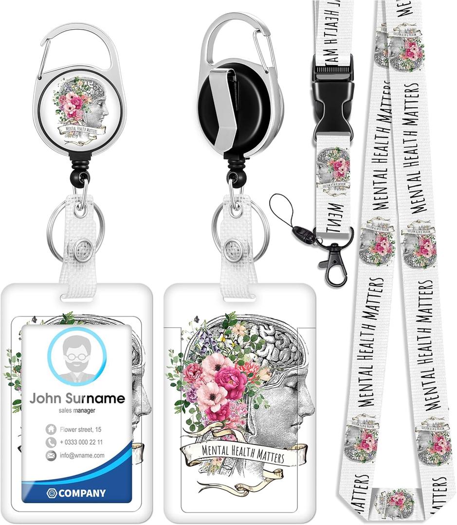 Plifal ID Badge Holder with Lanyard and Retractable Medical Badge Reel Belt Clip, Mental Health Matters Psychology Doctor Key Keychain Lanyards Clip On Badge Extender Vertical ID Sleeve for Women Men