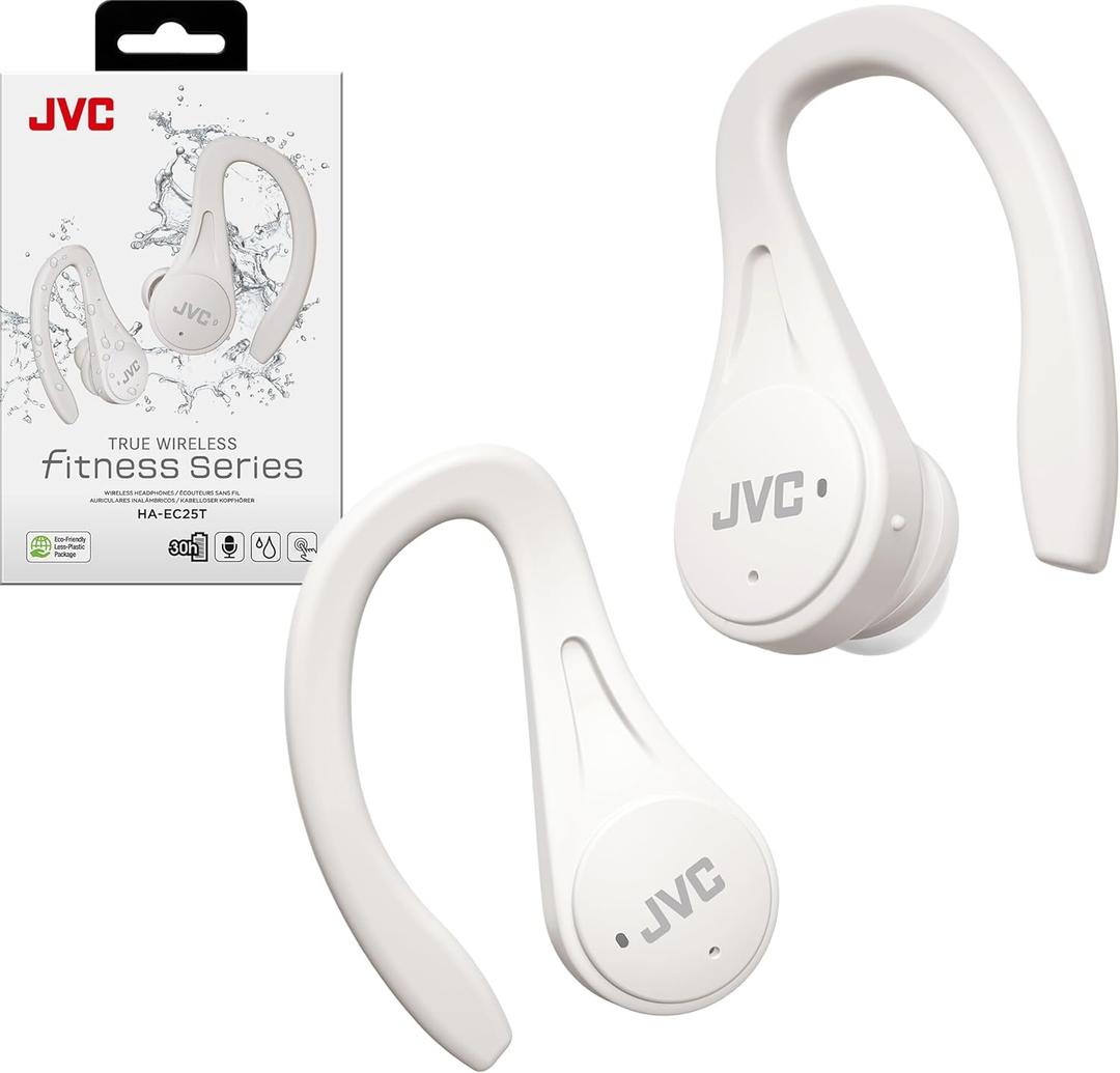 JVC Sport True Wireless Earbuds Headphones, Lightweight and Compact, Long Battery Life (up to 30 Hours), Sound with Neodymium Magnet Driver, Water Resistance (IPX5) - HAEC25TW (White) (Small, Whiite)