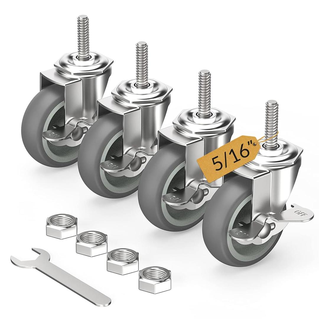 HOLKIE Caster Wheels 3 inch Locking Casters Set of 4, Threaded Stem 5/16" -18 x 1-1/2" (Diameter 5/16", Length 1-1/2") Swivel Heavy Duty Castors Gray