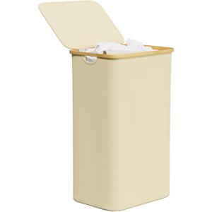 SpaceAid Slim Laundry Hamper with Lid, 60L Narrow Clothes Basket Bin with Bamboo Handles, Skinny Tall Collapsible Hamper for Bedroom, Bathroom, Dorm, Laundry Room - Beige