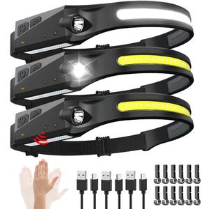 Rechargeable Headlamp 3PCS, 230 Wide Beam Head Lamp, Motion Sensor LED Headlamp Rechargeable, 5Mode Bright Headlamps for Adults, Head Lights for Forehead, Hard Hat Headlight, Camping Essentials Gear (3Pack)