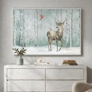 Framed Nature Landscape Wall Art, Large White Forest Canvas Prints Paintings Artwork for Walls, Modern Animal Deer and Bird Pictures for Living Room Bedroom Dining Room Hallway Wall Decor, 24x36 In