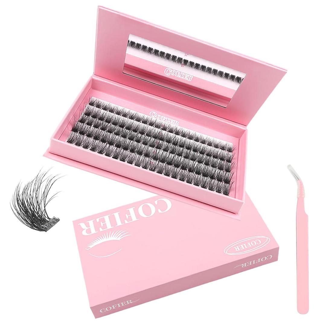 Glue-Free Wispy Lash Clusters Kit, 100 Pcs Individual Eyelash Clusters (12-20mm D Curl)- DIY Lash Extension Kit with Eyelashes Tweezers, Natural Fluffy Fake Lashes for Home Use, Beginners Friendly
