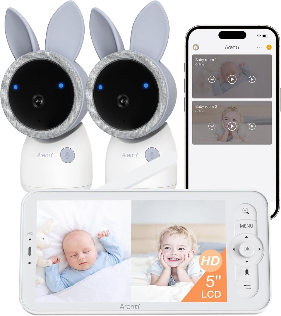 ARENTI 4MP Baby Monitor with 2 Cameras, 5" Screen Video Baby Monitor, Dual-Band 2.4G/5G WiFi with App, Split-Screen View, Auto Tracking, Cry&Motion Detection, Temp&Humidity, Night Vision, 2-Way Talk
