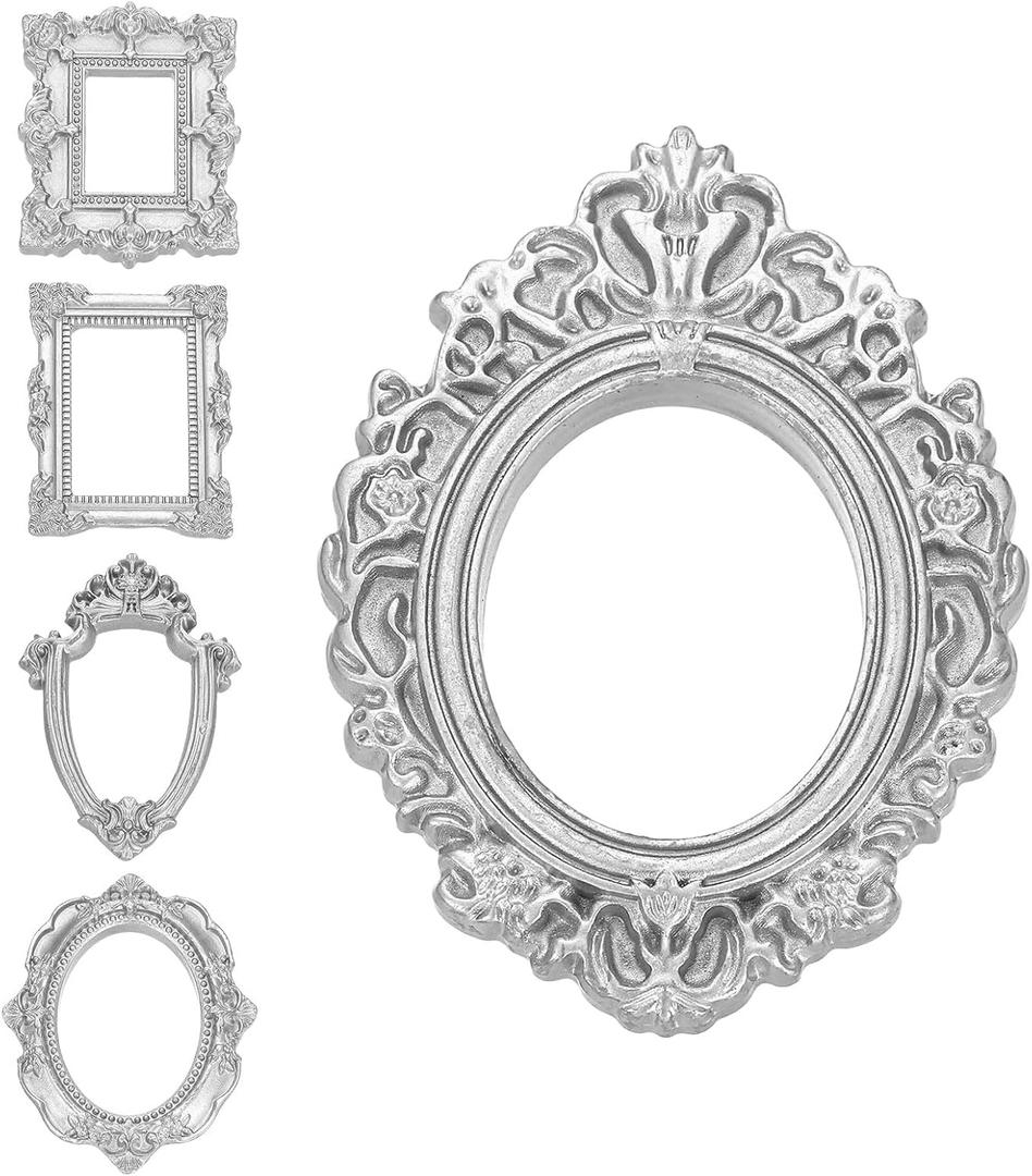 uxcell 10 Pcs Vintage Resin Picture Frames, Mini Picture Frames Oval Rectangle Wall Hanging Frames Display Frame Photo Holder for Home Wall Jewelry Display Hotel Decor, Silver