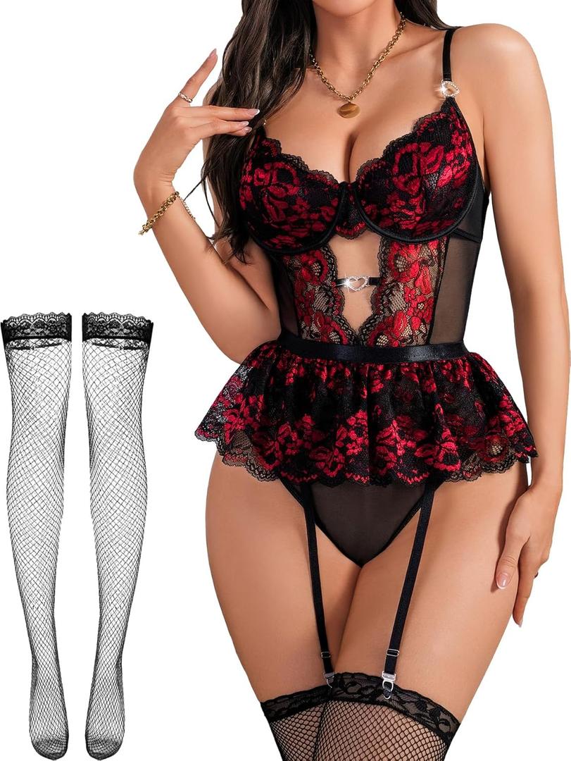 Women Lingerie Set Naughty Lace Bodysuit High Waisted Underwire Lingerie Babydoll With Garter Belt and Stockings (Large, Black & Red)
