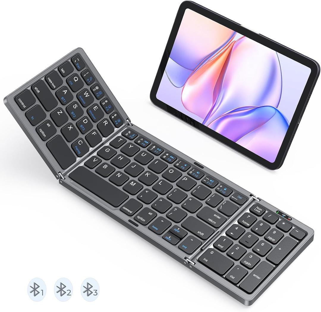 Foldable Bluetooth Keyboard Supports Up to 3 Devices, Rechargeable Wireless for iOS Android Tablet