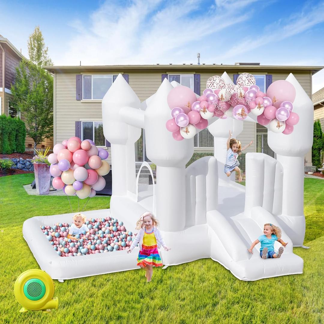 FINCOME Inflatable Bounce House for Kids, White Bounce House with Slide, Jumping Bouncy Castle for Kids Birthday Party, Wedding, Backyard Indoor/Outdoor White (with Blower), 10.5 Ft L X 9.2 Ft W X 6.9 Ft H