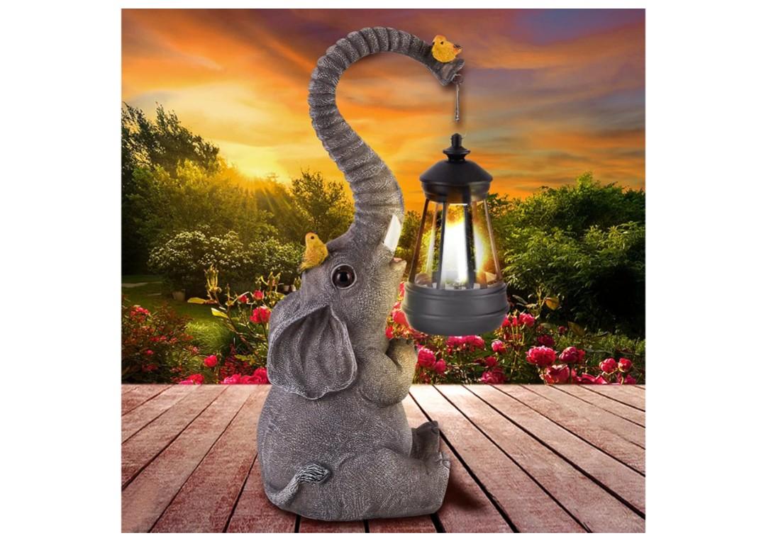 Solar Outdoor Garden Decor Elephant Statues Lights, Lucky Elephant Unique Mom Birthday Gifts for Mom, Housewarming Gifts and Yard Decoration, Cute Birds Garden Sculpture Decor
