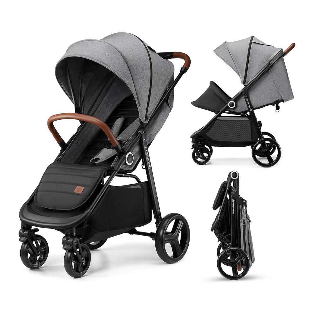 Kinderkraft Grande Plus Kinderkraft Buggy from Birth to 48.5 lb, one-Hand Folding, Reclining Position, Large Canopy with Window, All 4 Wheels dampened, Spacious seat, Gray