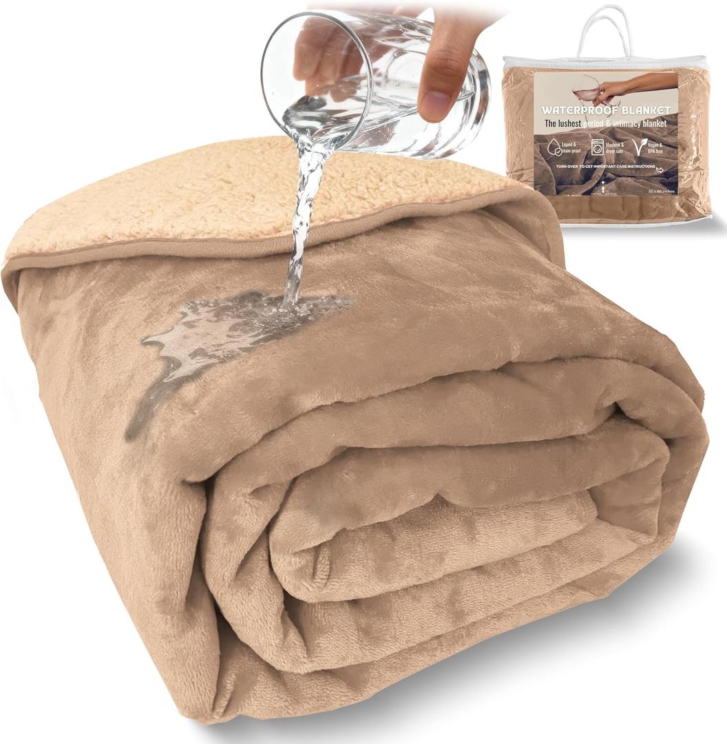 Sacred Weapon Waterproof Blanket Queen/Twin Size 50"x80" - Ultra-Soft Fleece Top & Sherpa Back - Noiseless, Absorbent Bed Protector - Machine Washable for Kids, Pets, Elderly Care - Beige