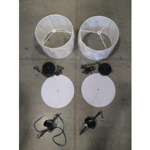 2 Pack White Linen Drum Shade Hanging Pendant Light Fixture with Black Pole, 2-Pack
