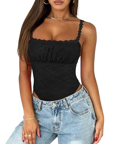 Saslax Women's Sexy Square Neck Lace Sleeveless Bodysuit Tank Tops Double Lined Thong Body Suit Going Out Outfits Black S