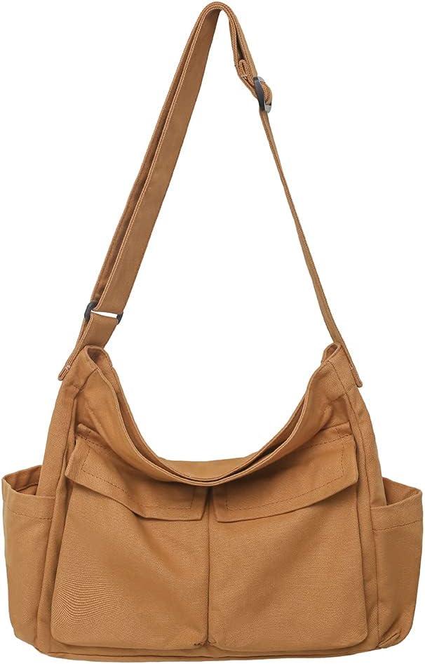 PRAGARI Canvas Crossbody Bag Messenger Cute Bag with Pins and Pendant for Women Girls Casual Shoulder Aesthetic School bag