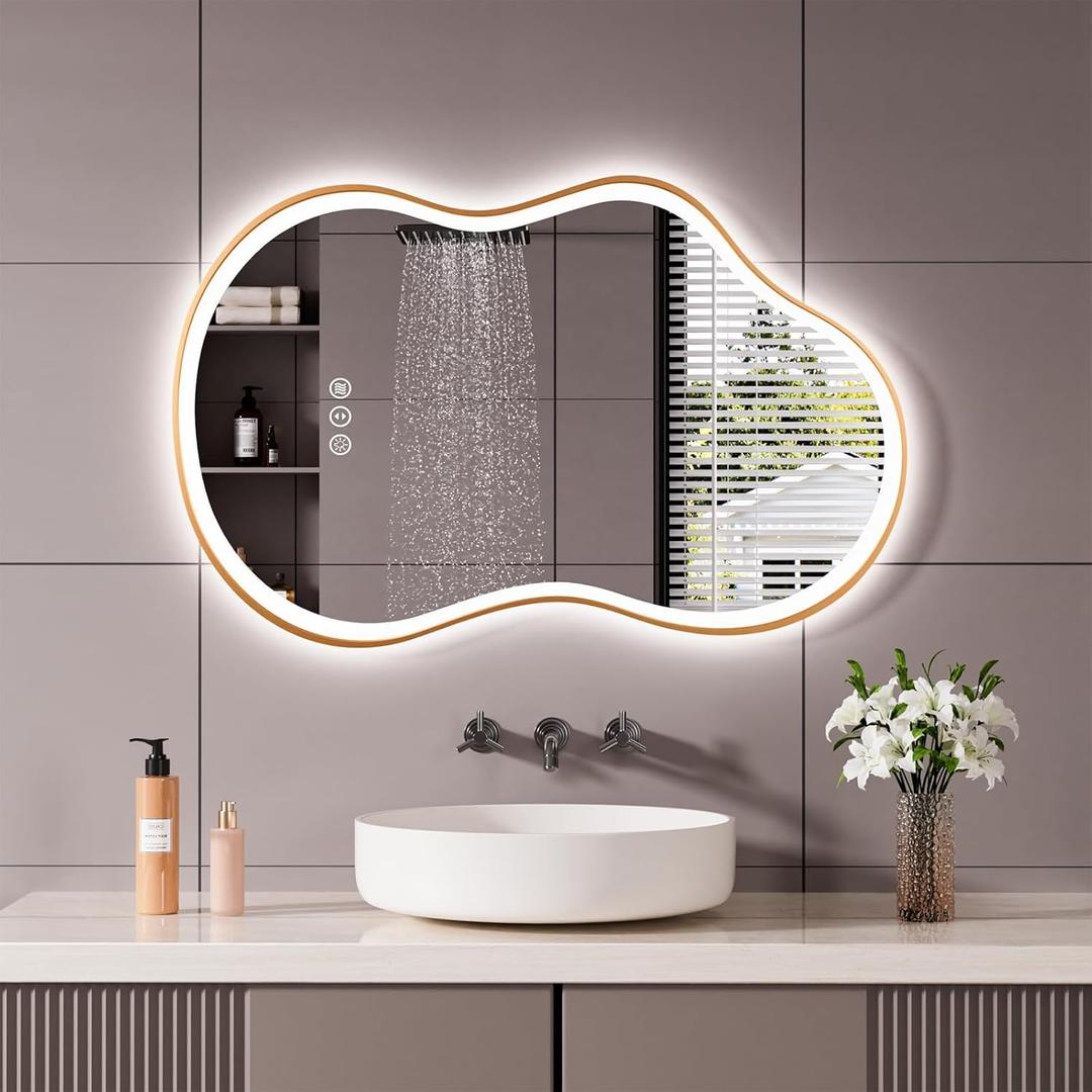WTTY LED Irregular Bathroom Mirror 24x36 Inch with Front & Back Lights - Asymmetrical Design, Anti-Fog, Dimmable 3 Color Temperatures, Shatterproof Glass, Horizontal or Vertical Mount (Gold Frame)