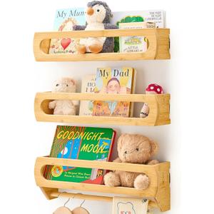 Floating Shelves for Wall, Premium Bamboo Wood, Fully Assembled - Nursery Book Shelves, Nursery Decor, Book Shelf for Kids Rooms, Wall Mounted Bookshelves, Set of 3 Natural (16.5 inch)
