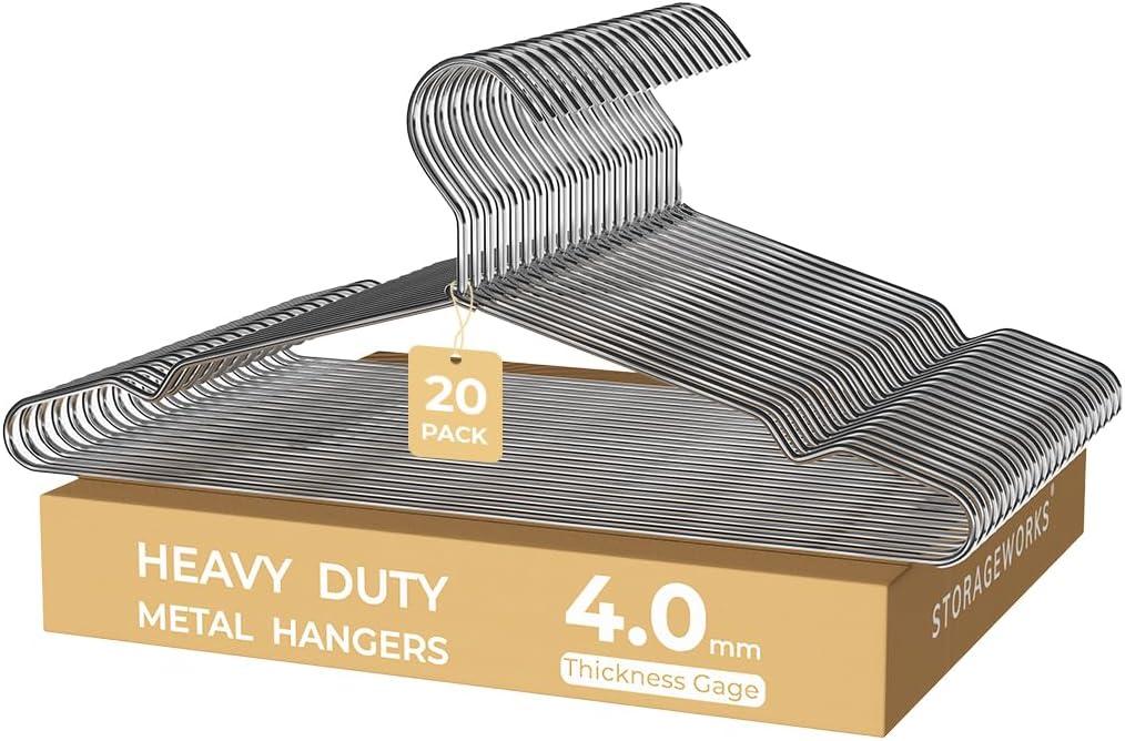 StorageWorks 4mm Super Thick Metal Wire Hangers, Heavy Duty Stainless Steel Clothes Hangers for Coats, Shirts Jackets, Pants, Suits, Space Saving Silver Hangers for Closet, 20 Pack