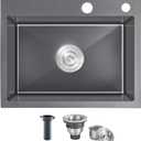 22x18 Inch Drop in Kitchen Sink, Handmade 304 Black Stainless Steel Sink, 9" Deep Single Bowl, Topmount with 2 Holes, R10 Tight Corner, for Modern Kitchen/RV/Bar Sink