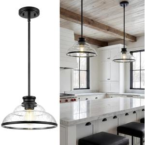 kudos Pendant Lights Kitchen Island, 11" Black Pendant Lights with Seeded Glass Shade, Farmhouse Large Pendant Light fixtures for Kitchen Sink Dining Room Hallways, KDPL14-BK
