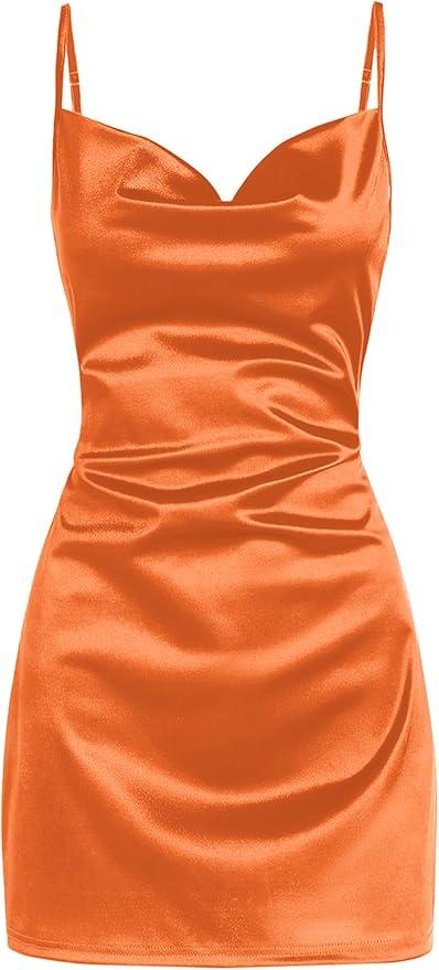Women's Satin Sleeveless Spaghetti Strap Mini Dress Sexy Slip Cowl Neck Silky Cocktail Party Dresses Size L