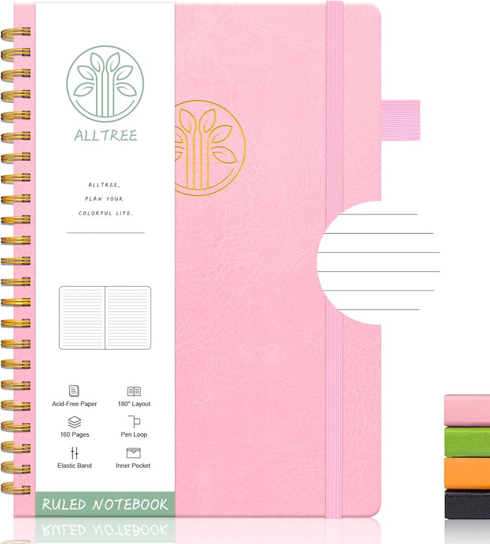 Alltree Lined Journal Notebook, Hardcover Spiral Notebook for Work, Hardcover Spiral Notebook with Tabs, Pen Loop, Pocket, Stickers, 160 Pages, Journal for Women & Men, Pink (6"x8.5")