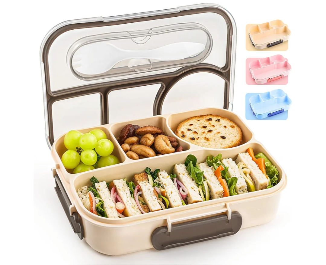 EASYFUN Bento Box Adult, Lunch Box, 4-Compartment Lunch Containers, Drop-Proof, Dishwasher Safe & Made with BPA-Free Materials(Khaki)