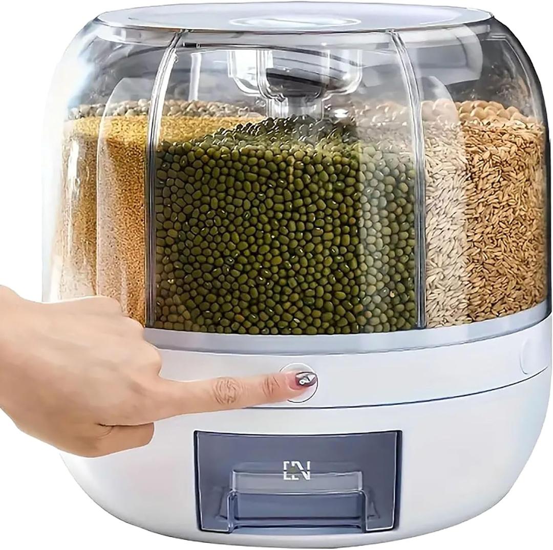 Rotating grain storage container,rice dispenser,6-compartment rice container, 360° rotating food dispenser One-Click Output rice Storage Round Grain Dispenser Kitchen for Grains, Beans, Rice., Small