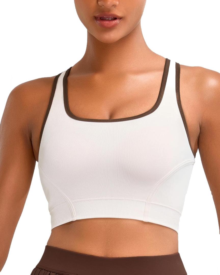 RUNNING GIRL Sports Bras for Women High Support,Seamless Ribbed Longline High Neck Sports Bra Racerback Padded Crop Top Yoga (White, XL)