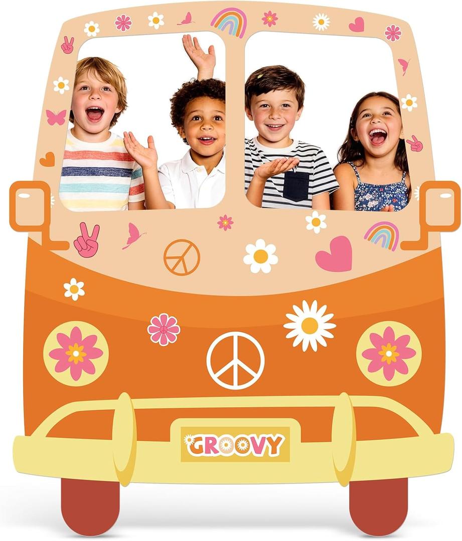Hippie Bus Cardboard Cutout, Large 39.76 x 47.24 in Groovy Party Decoration, Retro 60s 70s Hippie Selfie Frame Photo Booth Prop, Daisy Van Life-Size Backdrop for Groovy Hippie Boho Party Favor