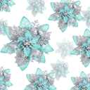 24 Christmas Glitter Artificial Poinsettia Flowers Xmas Poinsettia Artificial Wedding Flowers Decorations Xmas Tree Ornaments with Clips for Party Favors, 6 Inch, 4 Inch, 3 Inch (Silver and Green)