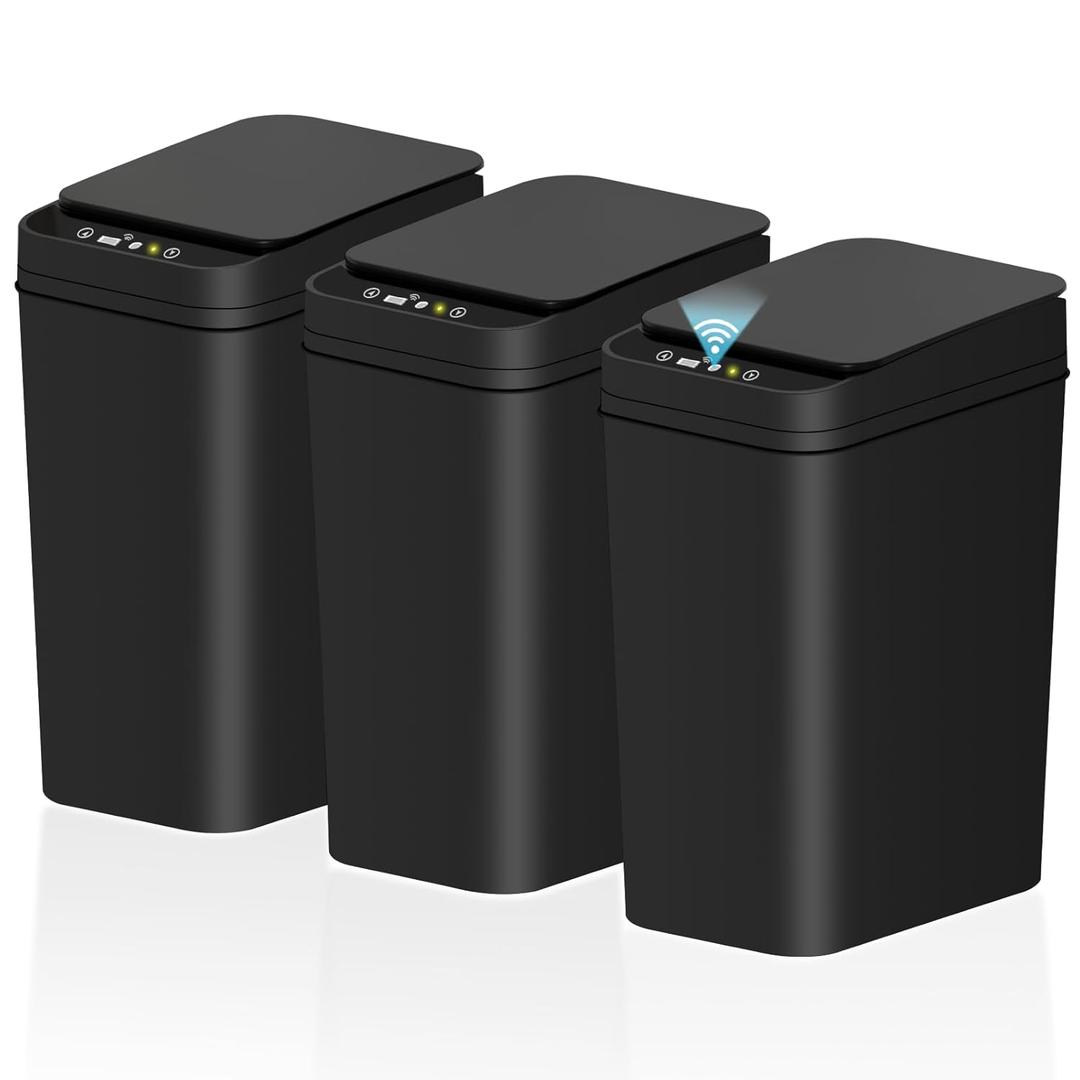 jinligogo 3Pack Bathroom Small Trash Can with Lid, 2.6 Gallon Touchless Automatic Garbage Can Slim Waterproof Motion Sensor Smart Trash Bin for Bedroom, Office, Living RoomBlack