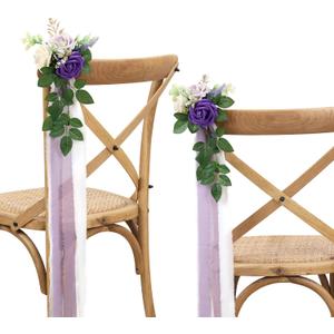 Wedding Aisle Decorations for Wedding Ceremony Set of 10 Pew Flowers for Church Chair Decorations Party Decor with Artificial Flowers Eucalyptus and Ribbons Purple