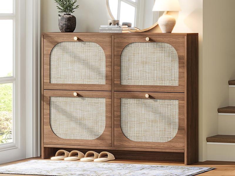 Shoe Storage Cabinet for Entryway, Freestanding Arched Rattan Accent Ultra Slim Shoe Cabinet with 2 Flip Drawers, Farmhouse Shoe Rack with 3-Tier Adjustable Shelves for Hallway Foyer Modern Rustic (Brown)