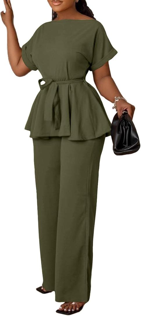Women's 2 Piece Outfits Suit Set Short Sleeve Peplum Top Flared Pants Sets Business Pantsuits (X-Large, Army Green) Women's 2 Piece Outfits Suit Set Short Sleeve Peplum Top Flared Pants Sets Business Pantsuits (X-Large, Army Green)